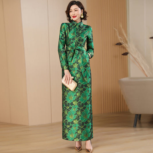 Spring Autumn Long Dress for Women Pencil Dress A-line Green Floral Slit Straig