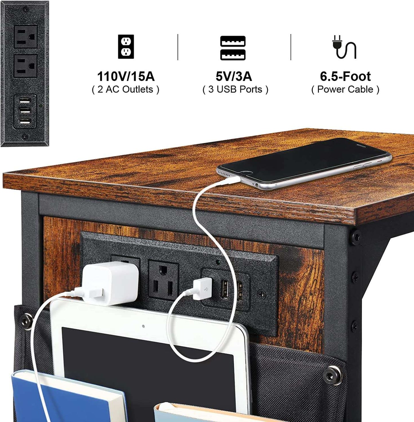Set Of 2 C-Shaped Side Tables With Usb Ports & Outlets Modern Couch & Bedside End Tables