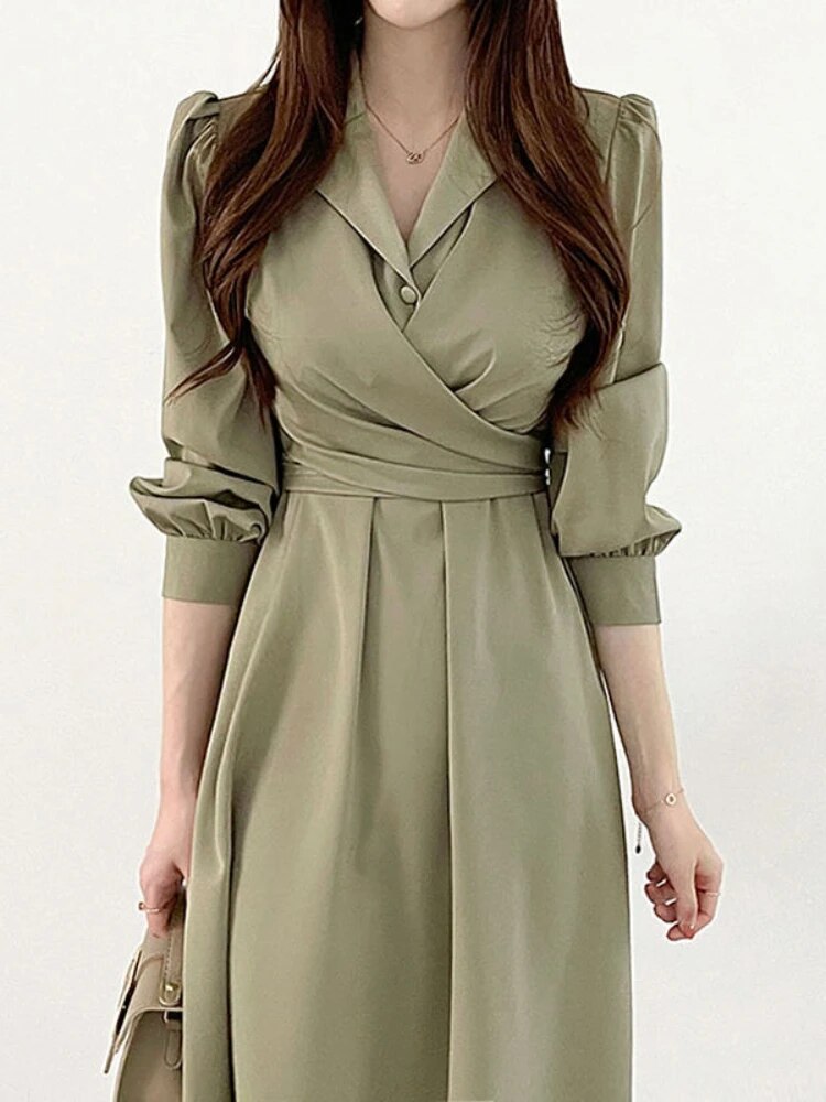 Long Dress Women 2024 New In Korean Elegant Polo Collar Cross Lace Up Waist Wra
