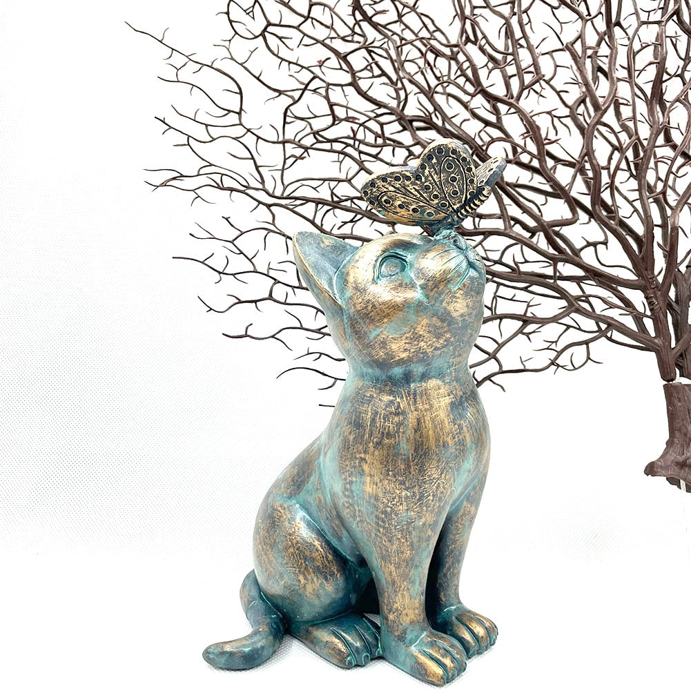 Cat Play Butterfly Figurine Buddha Sphinx Figurine Meditation Garden Art Sculpt