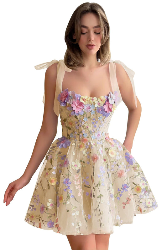 Gorgeous A-line 3D Floral Tulle Homecoming Dresses Mini Sleeveless Backless Prom Dr