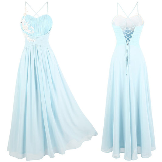 Angel-fashions Women's Spaghetti Strap Pleated Appliques Evening Dress Chiffon image 0