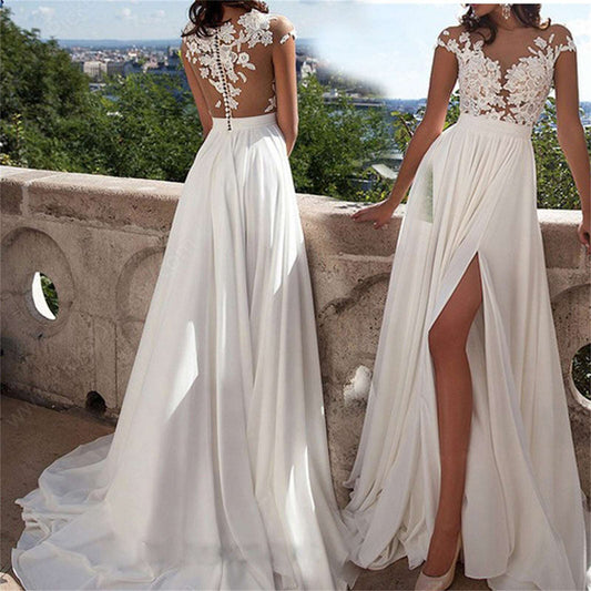 Elegant Women Wedding Party Long Dress Gorgeous Lace Chiffon V-Neck White Dress Hol