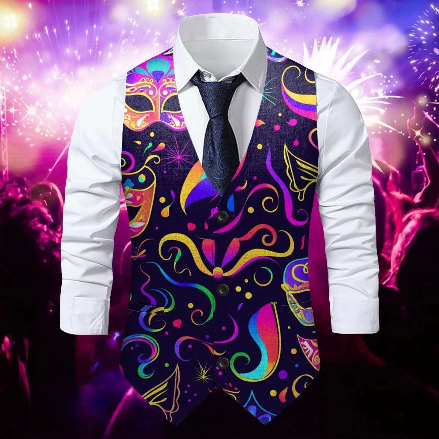 Male Single-Breasted Funny Party Jacket Waistcoat V Neck Slim Fit 3 Button Prin