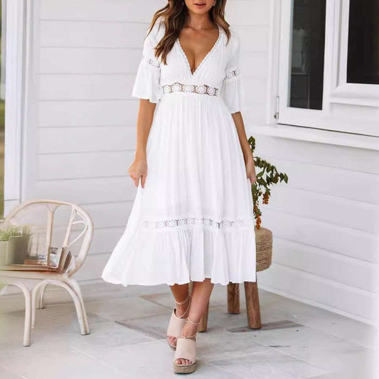Gorgeous Deep V Lace White Dress Women Fashion Wedding Party Elegant Dress Summer B