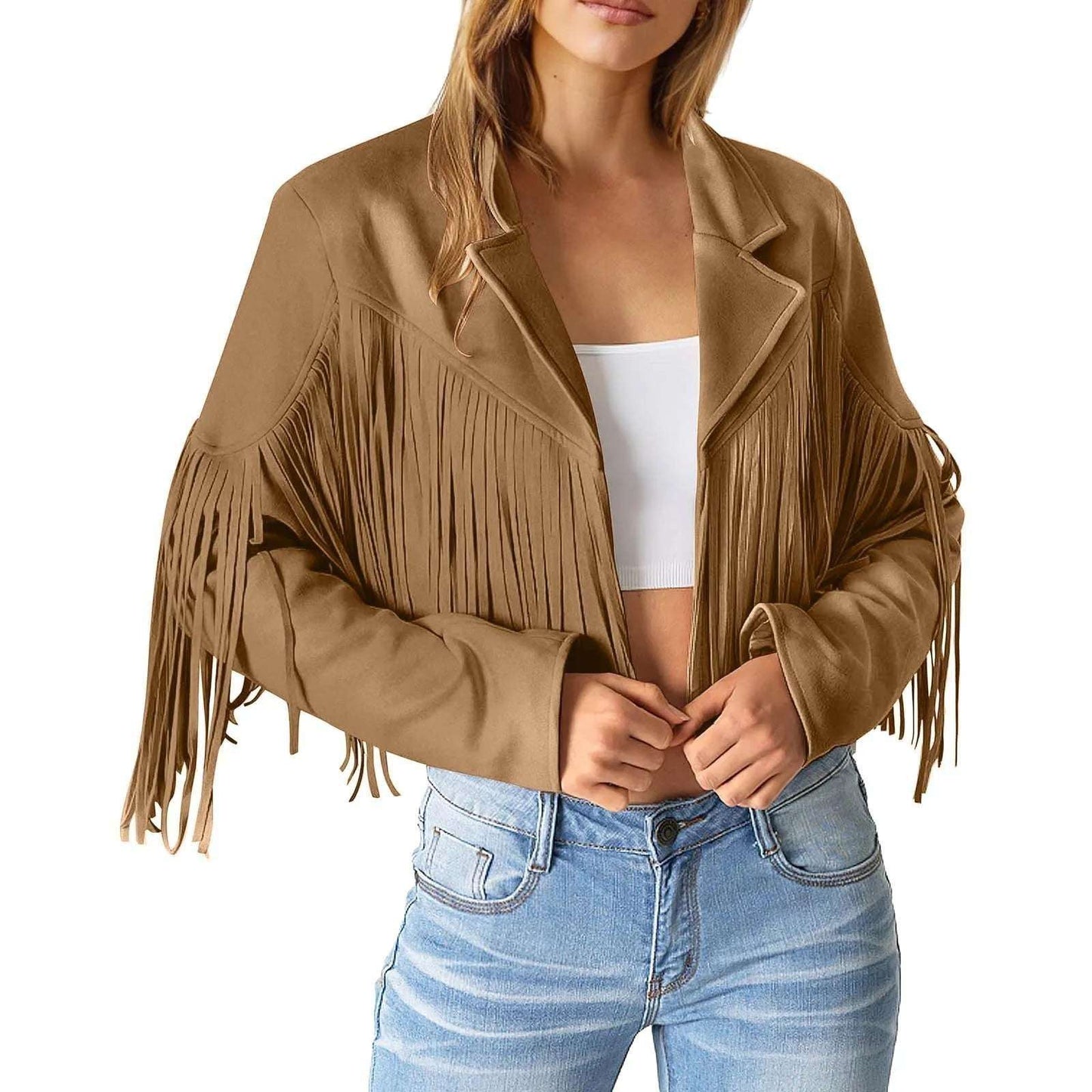 Women Fringed Hem Tassel Cardigan Crop Tops Faux Suede Leather Motorcycle Jacke