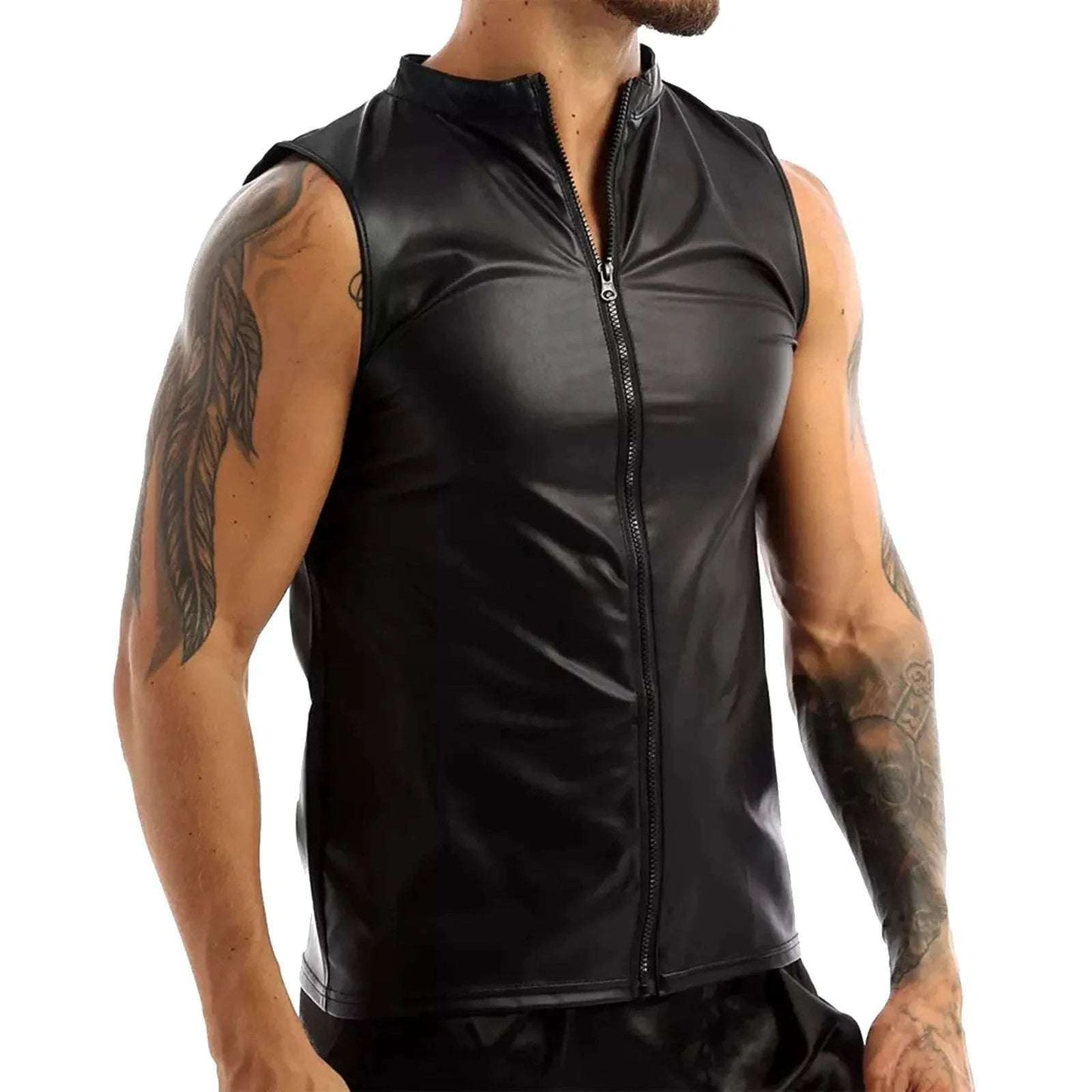 Fashion Pu Leather Vest Tops Sleeveless Cute Clubwear Male Clothes Front Zipper