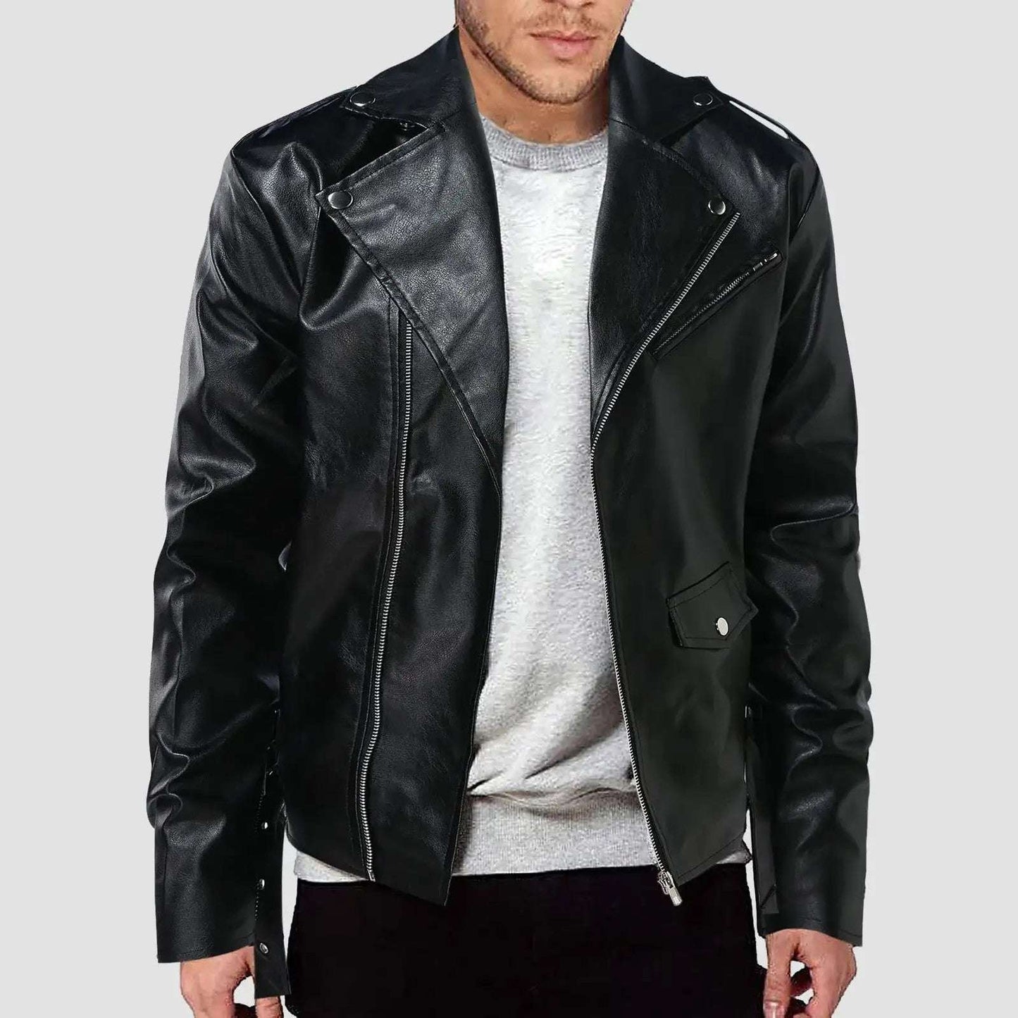 Pu Leather Stylish Jacket Men'ss' Autumn Winter Outwear Lapel Pu Leather Jacket M