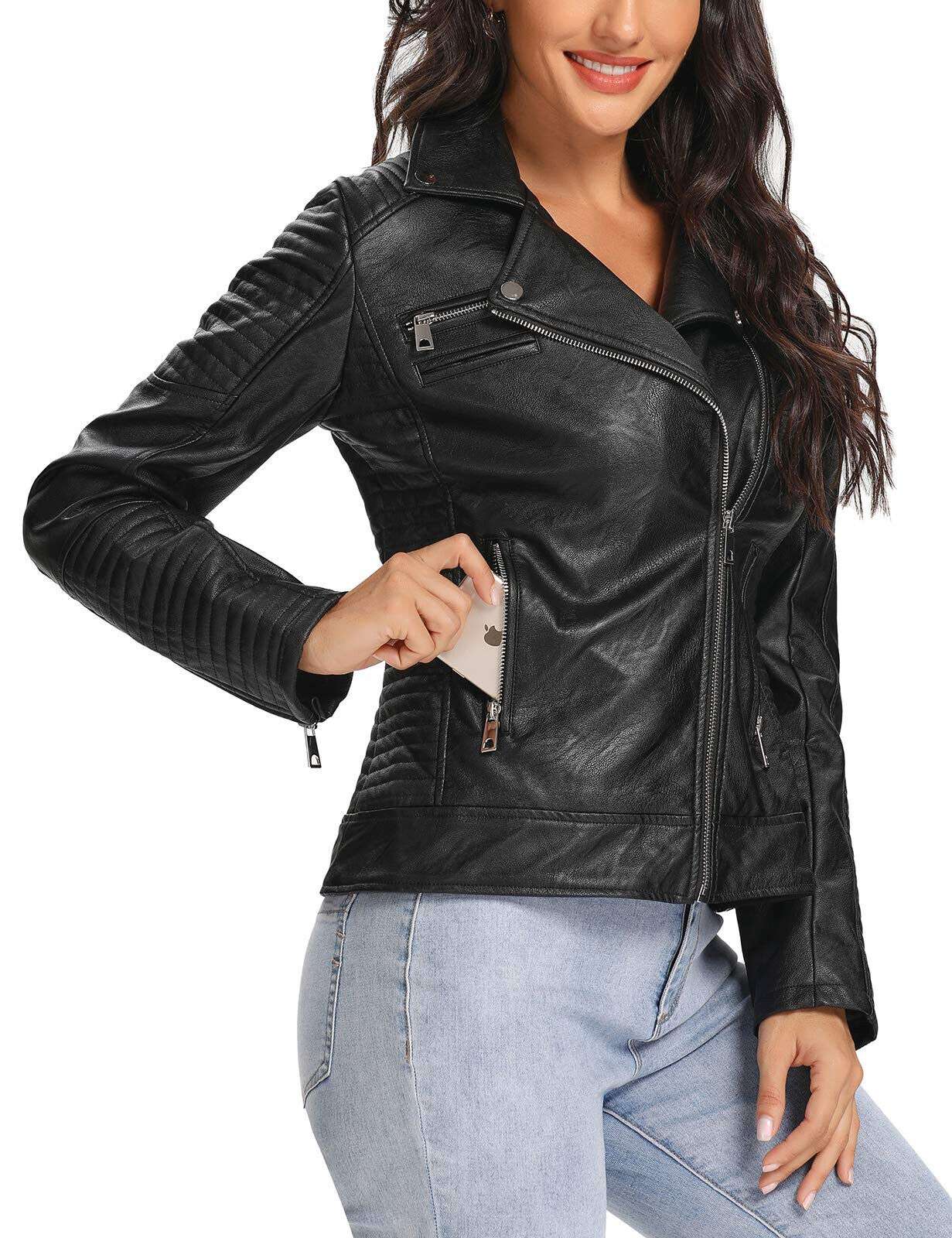 URBEST Women Faux Leather Jacket Black Motorcycle Moto Biker Short Coat