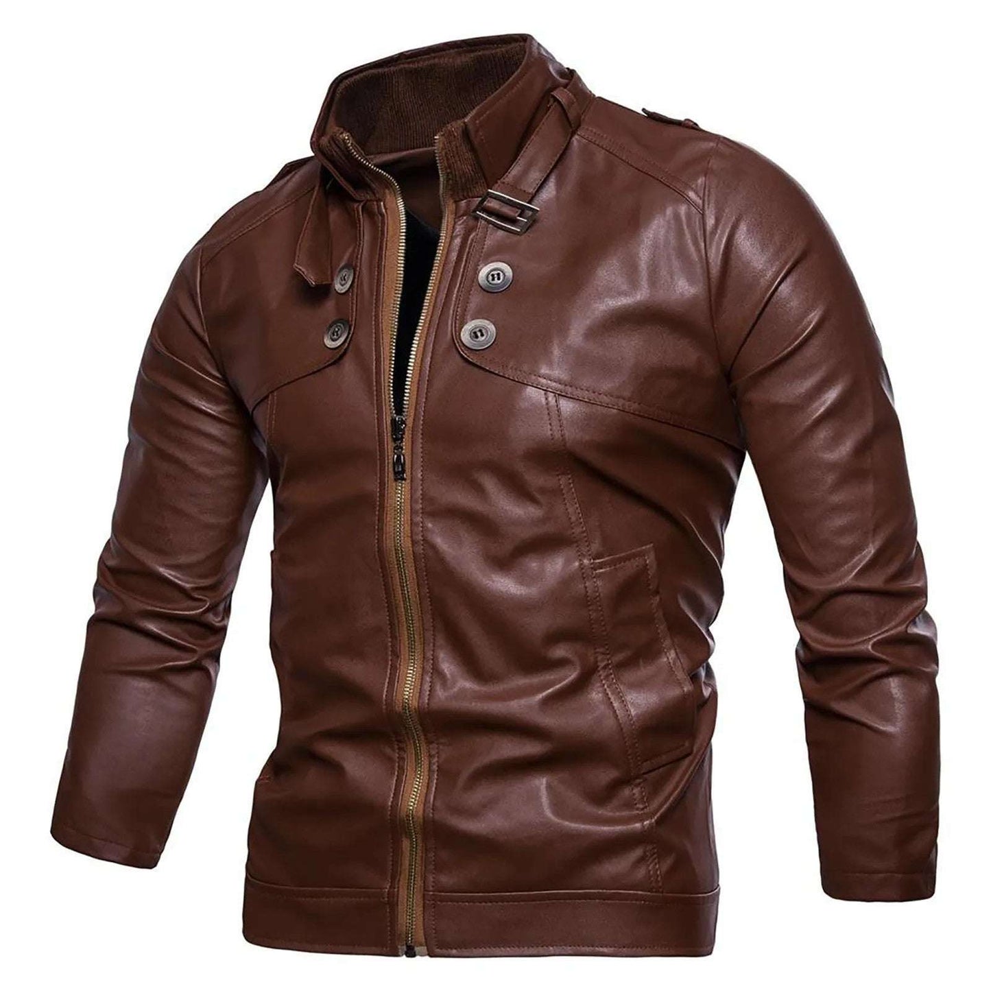 Men's Faux Leather Jacket With Buttons Long Sleeved Fashionable And Casual Cardig