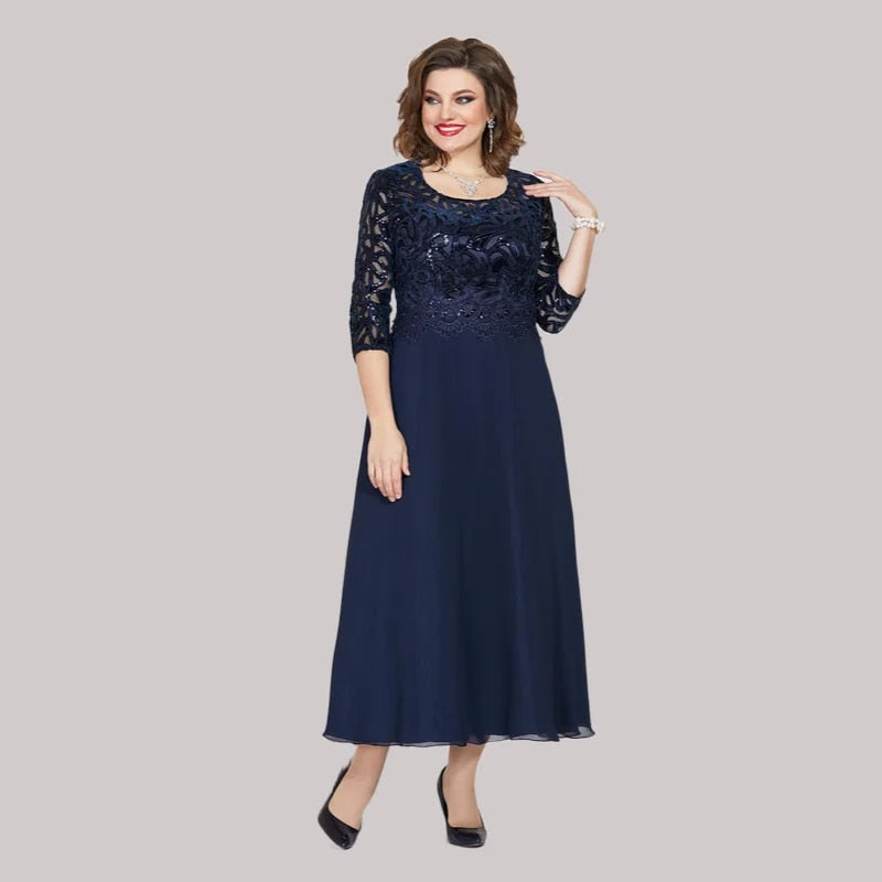 Dress Plus Size Women O Neck Print 3/4 Sleeve Lace Long Maxi Dresses Fo