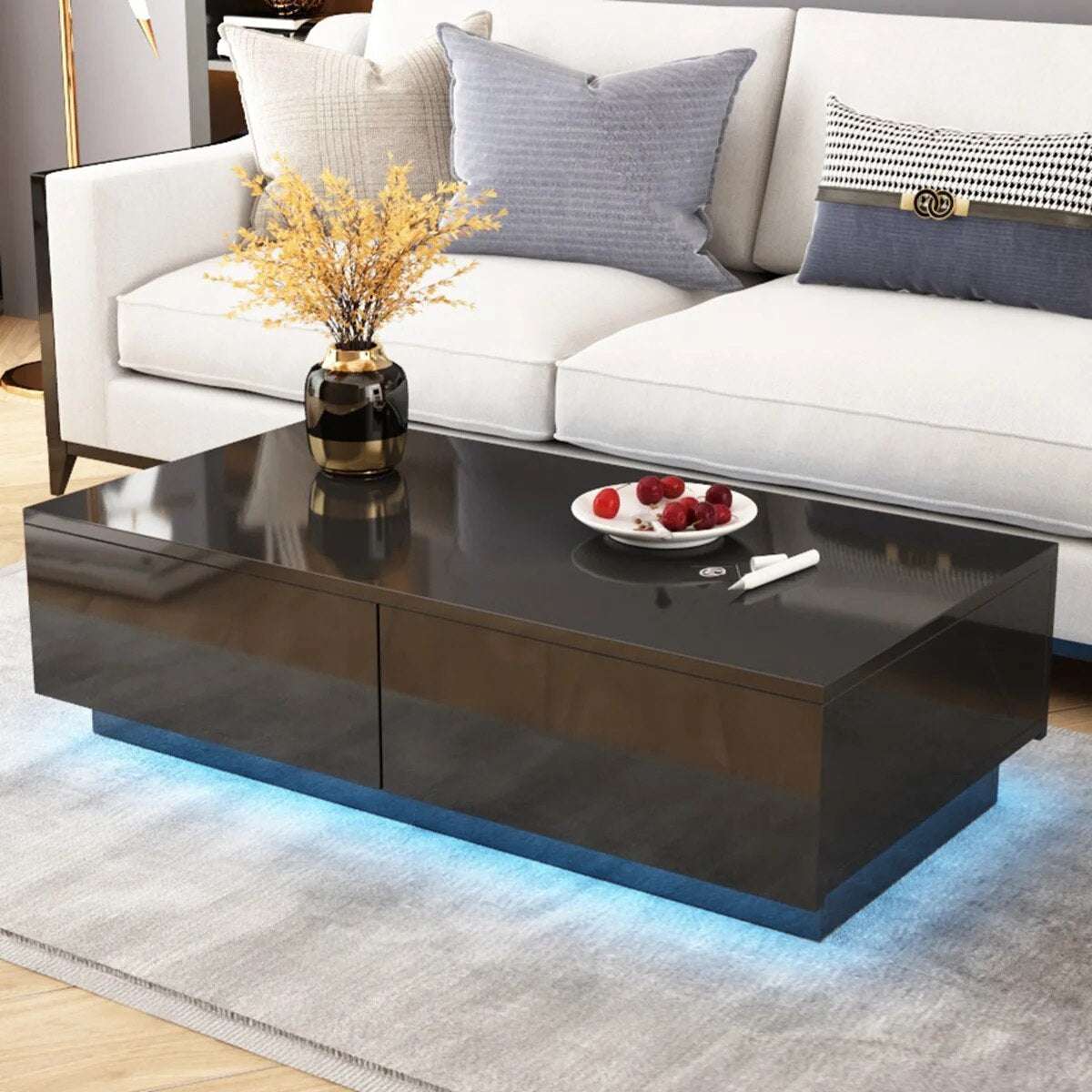 RGB LED Tea Table End Table For Home Office Coffee Table Wooden 4 Drawers Magaz