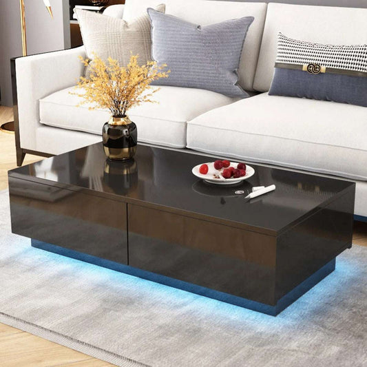 RGB LED Tea Table End Table For Home Office Coffee Table Wooden 4 Drawers Magaz