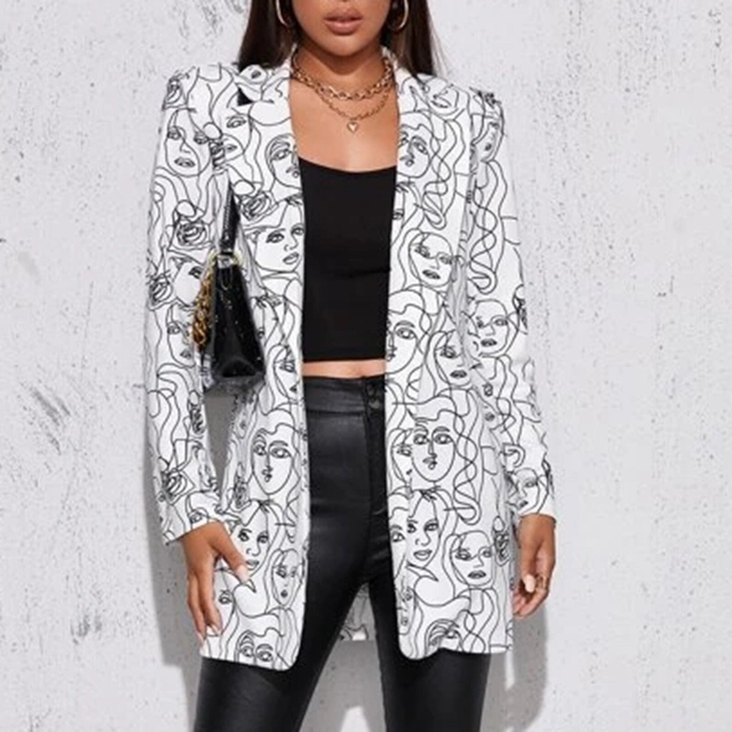 Fashion Women Blazer Hip Hop Print Long Sleeves Suit Jacket Fall Winter