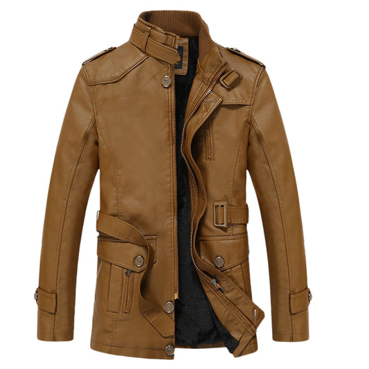 Men's Outdoor Sport Motorcycle Leather Jacket Solid Color Zipper Stand Collar W