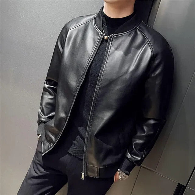 Men PU Leather Jacket Fashion Baseball Collar Casual Jackets Solid Color Mot