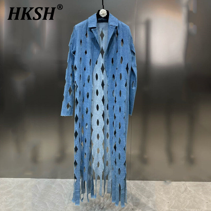 HKSH 2024 Spring Summer New Turn Down Collar Long Sleeve Trench Diamond Plaid H