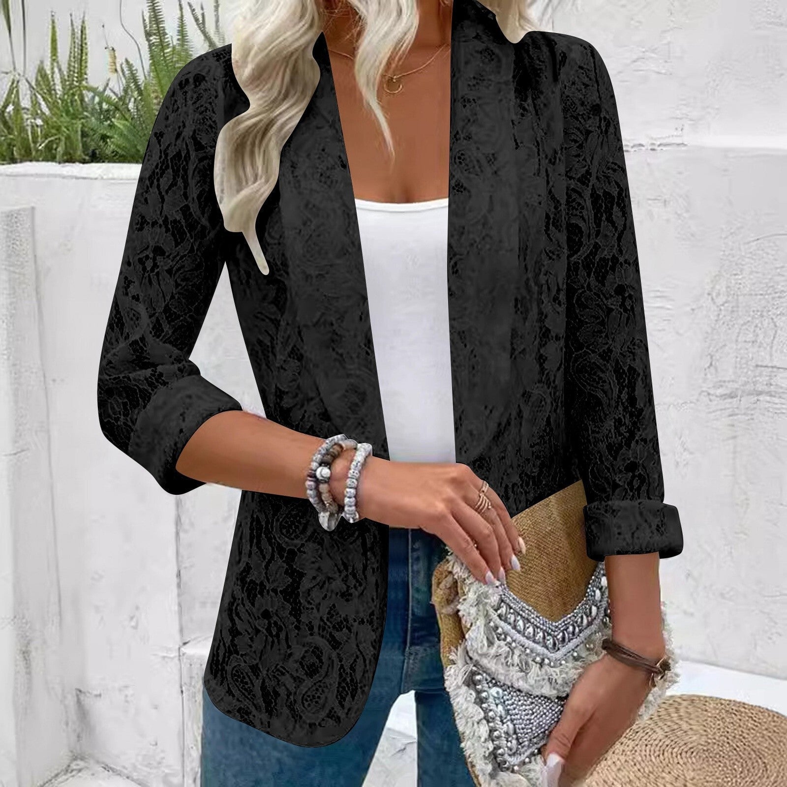 White Lace Hollow Out Women Suit Coat Solid Open Stitch Blazers Outdoor Forma