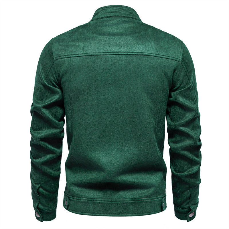 Men Classic Suede Bomber Jacket with Stand Collar and Zipper Closure - Stylis