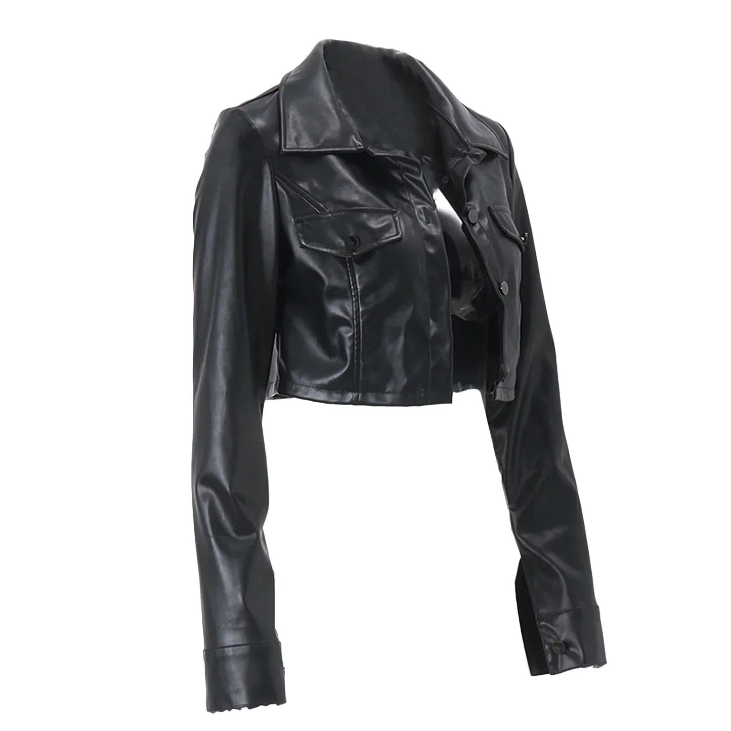 Women's Crop Leather Jacket Solid Color Casual Long Sleeve Button Down Jacket Fall