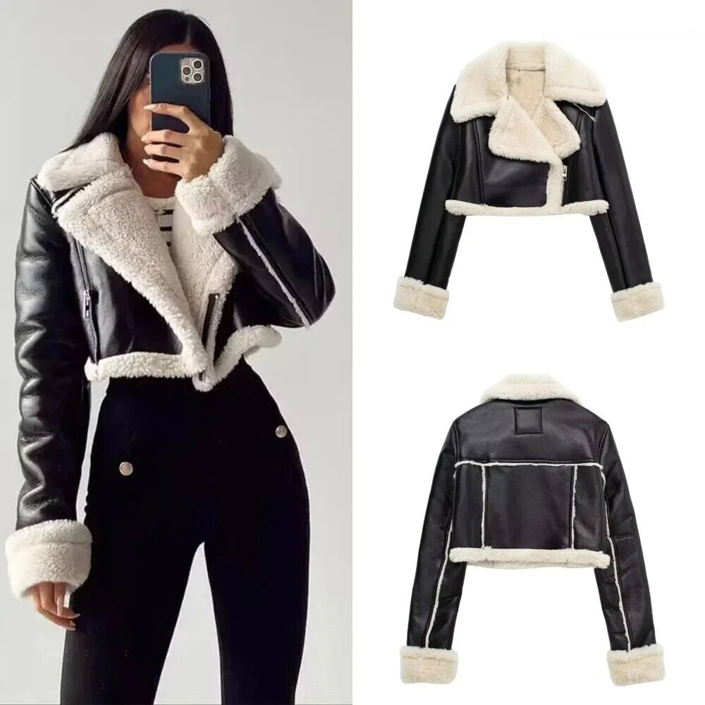 Women Cropped Leather Jacket Coat Black Wool Blends Coats Bomber Tweed Jacket