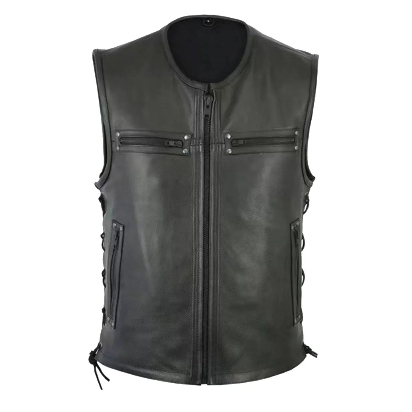 Men's Solid Color Vest Motorcycle Fleet Punk Leather Vest Coat Sleeveless O-Neck