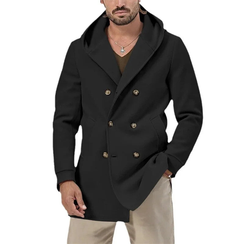 2024 Winter Men'sDouble Breasted Trench Coat Warm Cardigan Jacket Solid Color