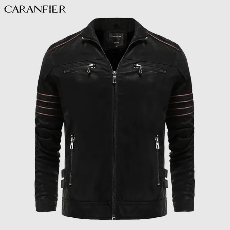 CARANFIER Men'ss Leahter Jacket Men's Washed Retro Velour PU Jackets Male Motorcycl
