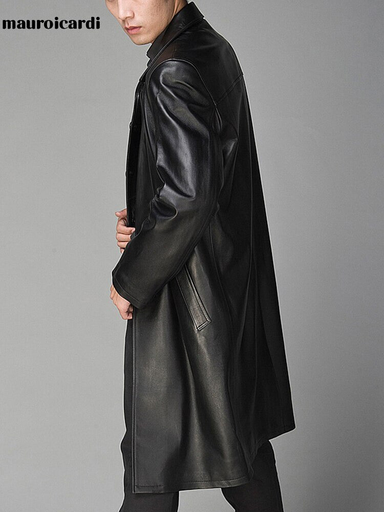 Mauroicardi Autumn Long Black Faux Leather Trench Coat for WoMen's Long