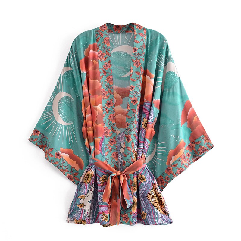 Boho Queens Women Floral Print Bat Sleeve Beach Bohemian Kimono Dresses