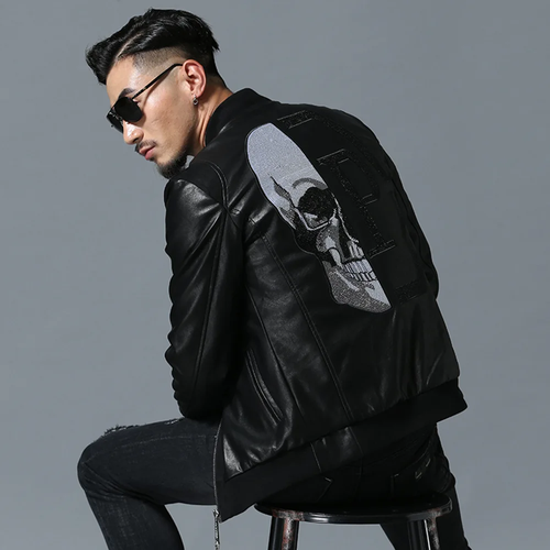 Men'S Trendy Skull Head Embroidery Pu Leather Baseball Collar Jacket Rhinestone