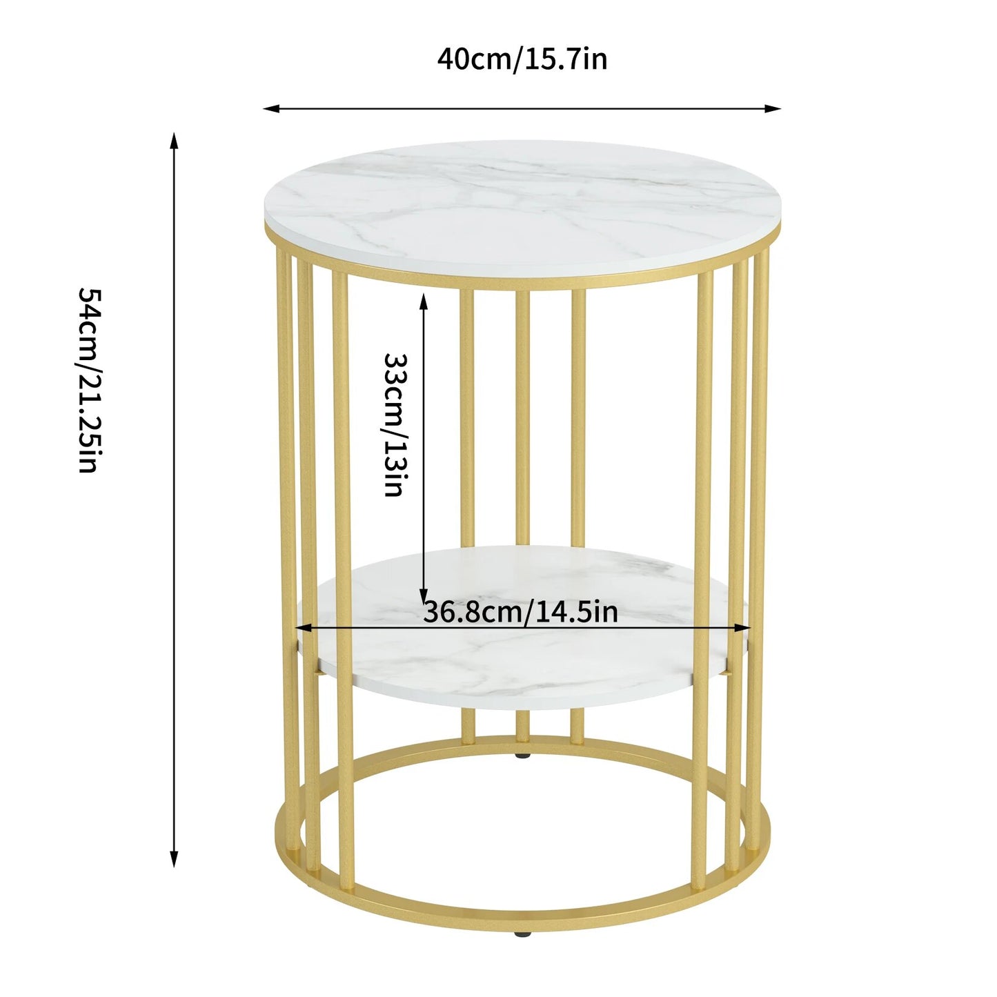 Round Marble Accent Table End 2 Tiers Storage Table Gold Metal Frame Nightstand image 6