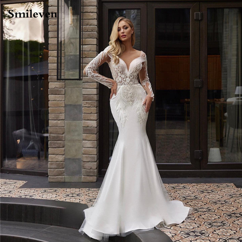 Smileven Lace Mermaid Wedding Dresses Long Sleeve V Neck Pleats Bride D