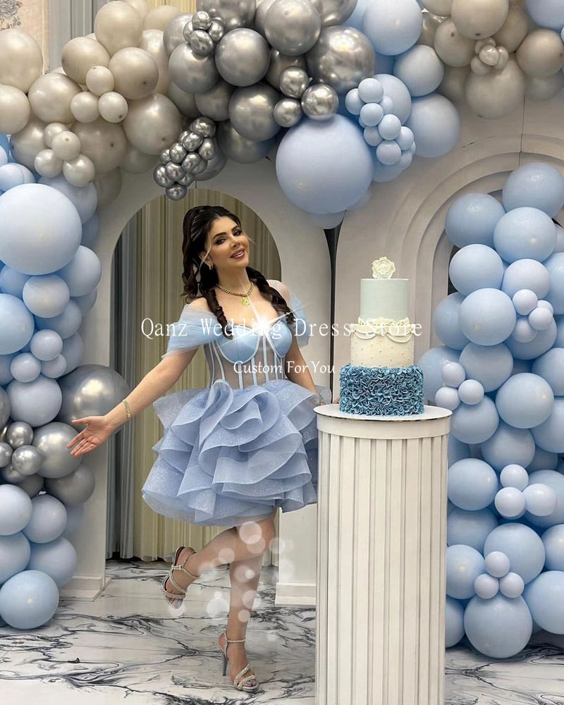 Qanz Short Sky Blue Homecoming Dresses Above Knee/Mini Shiny Tulle Vestidos De image 5