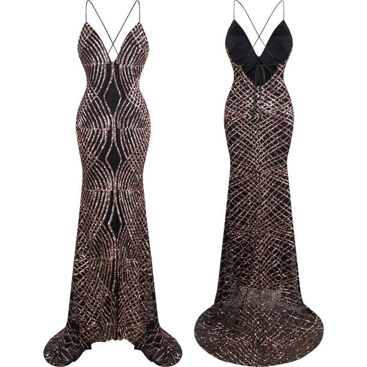 Angel-fashions Spaghetti Strap Sparkly Sequin V Neck Crisscross Tie Back Court image 0