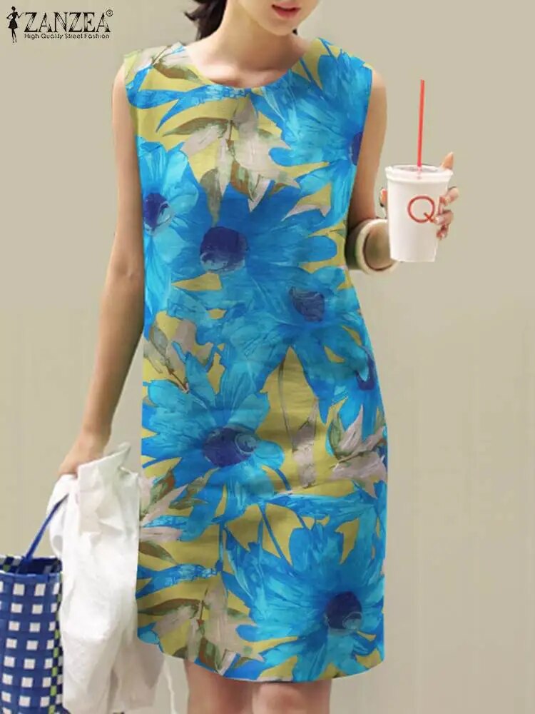 Bohemian Summer Floral Printed Dress Women O Neck Sleeveless Beach Sundress 202
