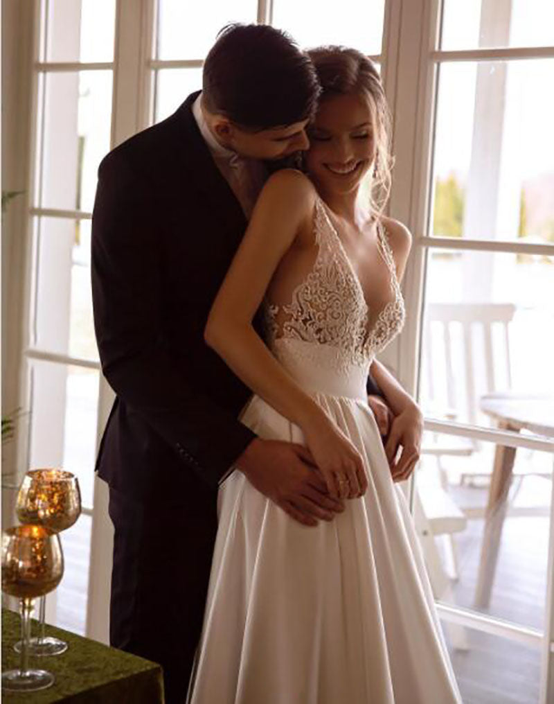 Smileven Elegant Satin Wedding Dresses Top Lace V Neck Bride Gown Backless Wedd image 4