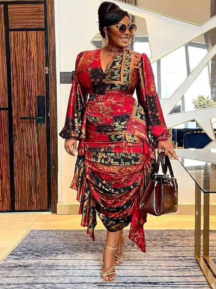 and Women's Dresses Long Sleeved Ruffle Drape Dress V Neck