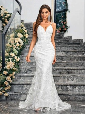 Ladies Dresses Sleeveless Camisole V-neck Sequined Mermaid White Weddi