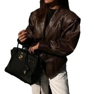 2025 New Vintage Lapel Lace-Up Leather Jackets Women Chic Solid Long S