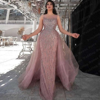 Customized Dubai Luxury Pink Tulle Formal Wedding Evening Dresses For