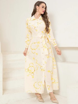 Elegant Long Shirt-Sleeve Dress with Chain Print Design, Belt & Po