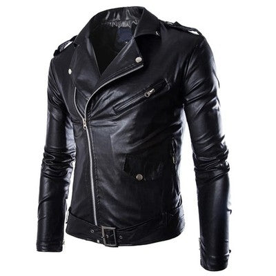 Autumn Winter Retro Zip Up Jacket Men'S Slim Fit Lapel Pu Leather Outw