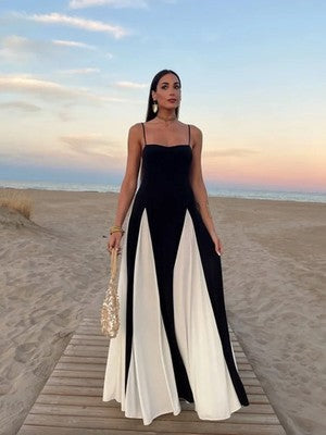 Elegant Black White Dress Color Clash Women Halter Backless Dresses Sl