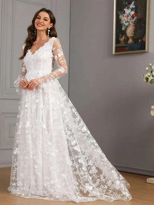 Ladies New Elegant Wedding Dress Autumn Long Sleeve Solid Color High e