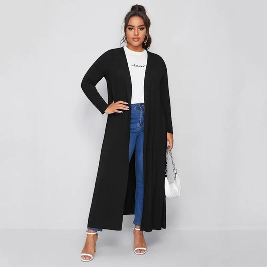 Plus Size Spring Elegant Maxi Cardigan Women Long Sleeve Open Front Loose Black image 0