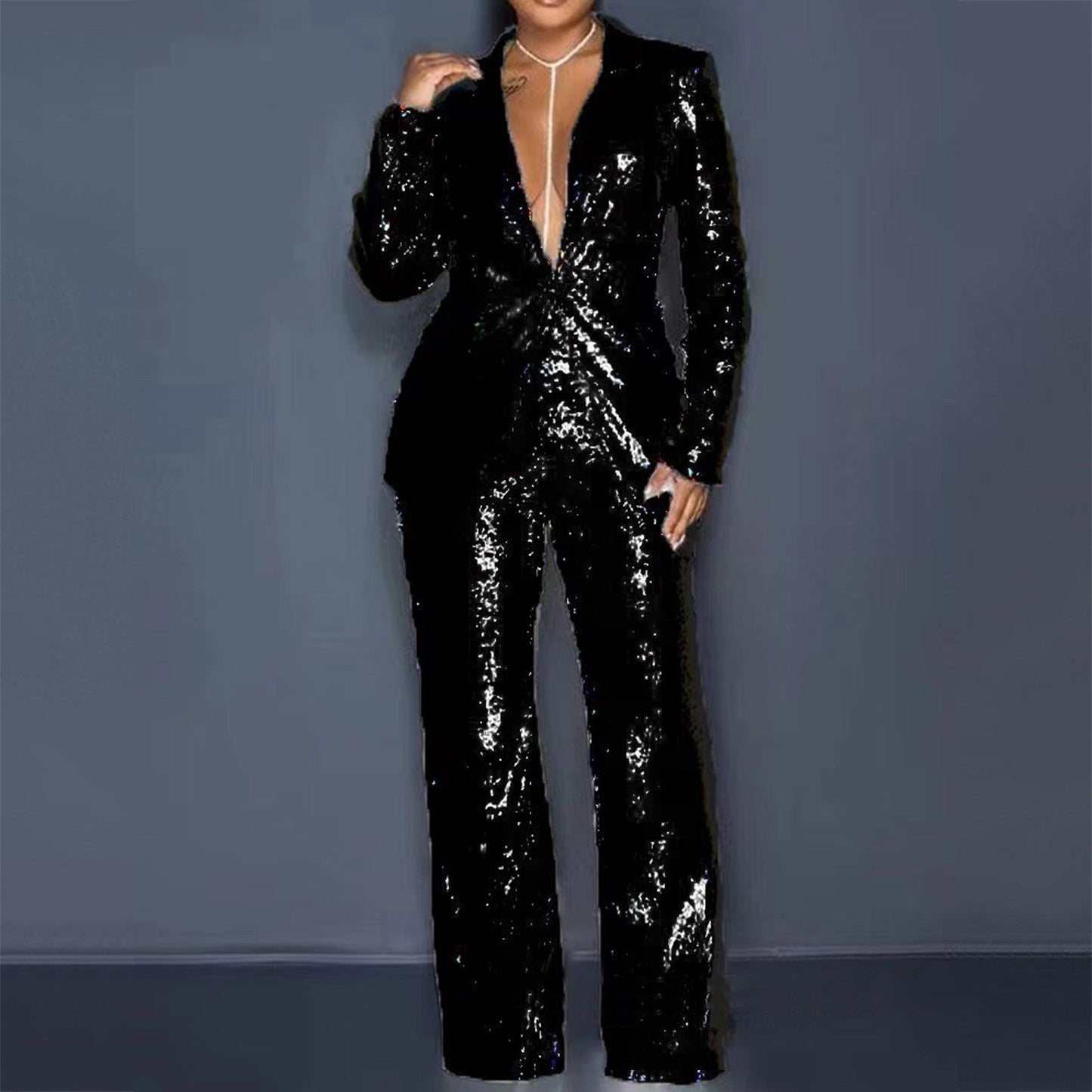 Women'S Glitter Sequins Blazer Suit - 2-Piece Set Notch Lapel Slim Fit Autumn Party Outfit