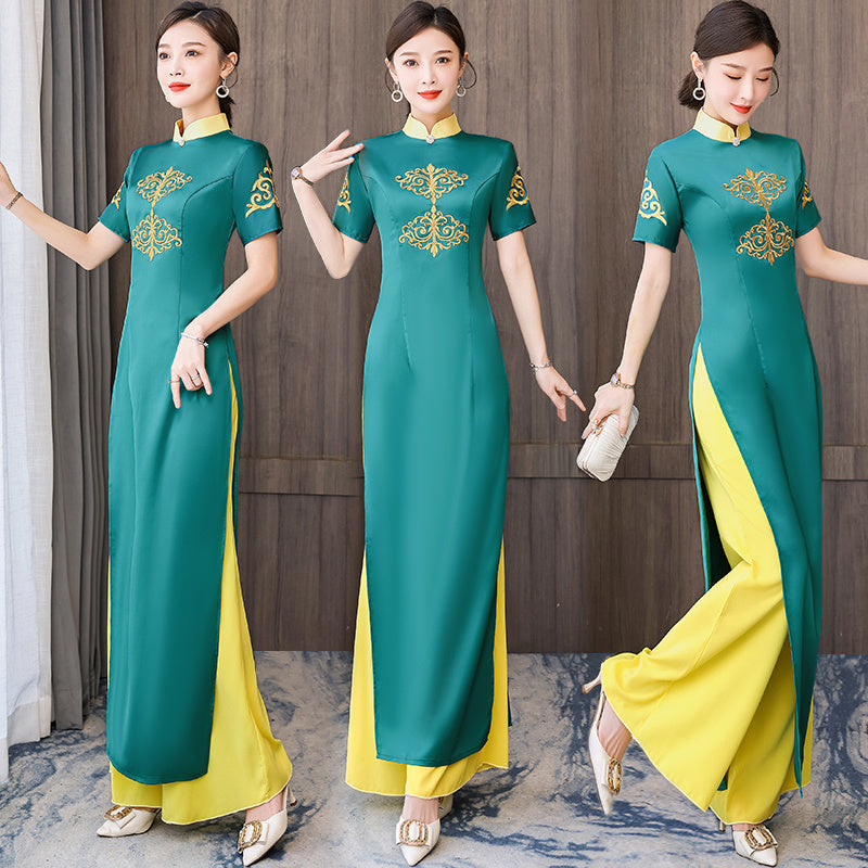 Ao Dai Vietnam Improve Qipao Green Women Fashion Long Chinese Style Two Piece S