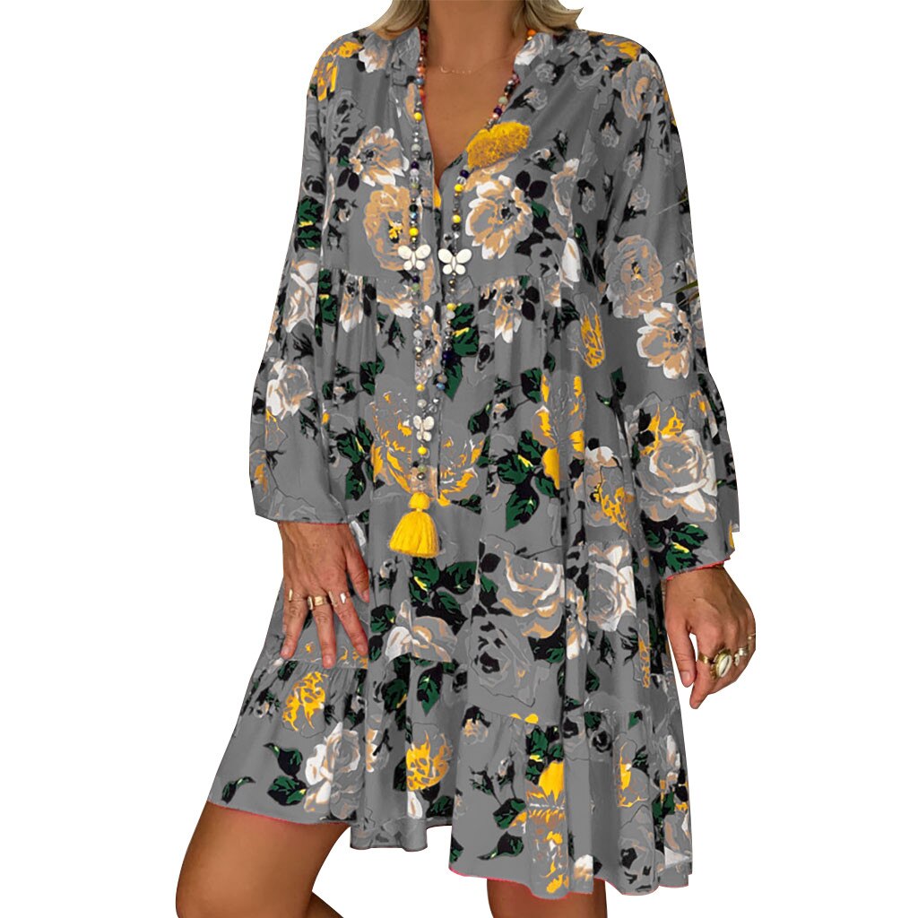 Women Plus Size Button Midi Dress Lady Bohemian Loose Print Three Quarter