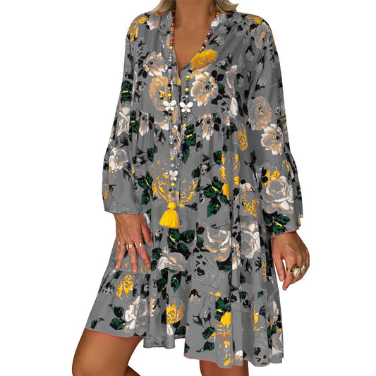 Women Plus Size Button Midi Dress Lady Bohemian Loose Print Three Quarter
